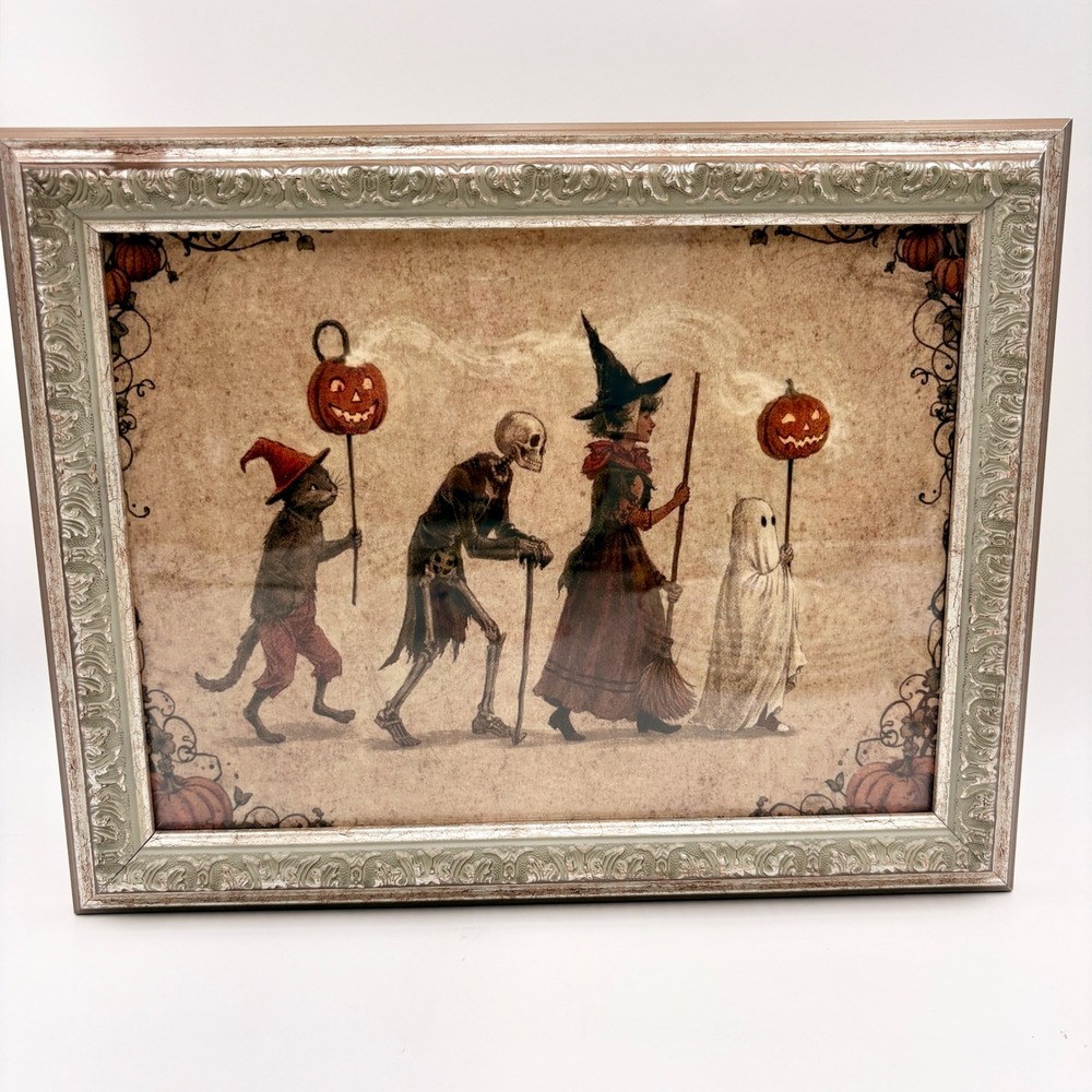 Petal Lane Vintage Style Halloween Parade Framed Art Witch Skeleton Cat Ghost